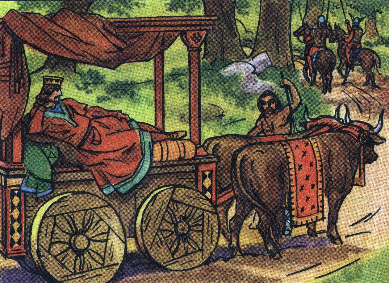 A lusta királyokat ábrázoló jelenet: III. Thierry francia király (673-691) ökrök által húzott ágyú tankban hord. Névtelen illusztráció a „Collection des souverains et chefs d