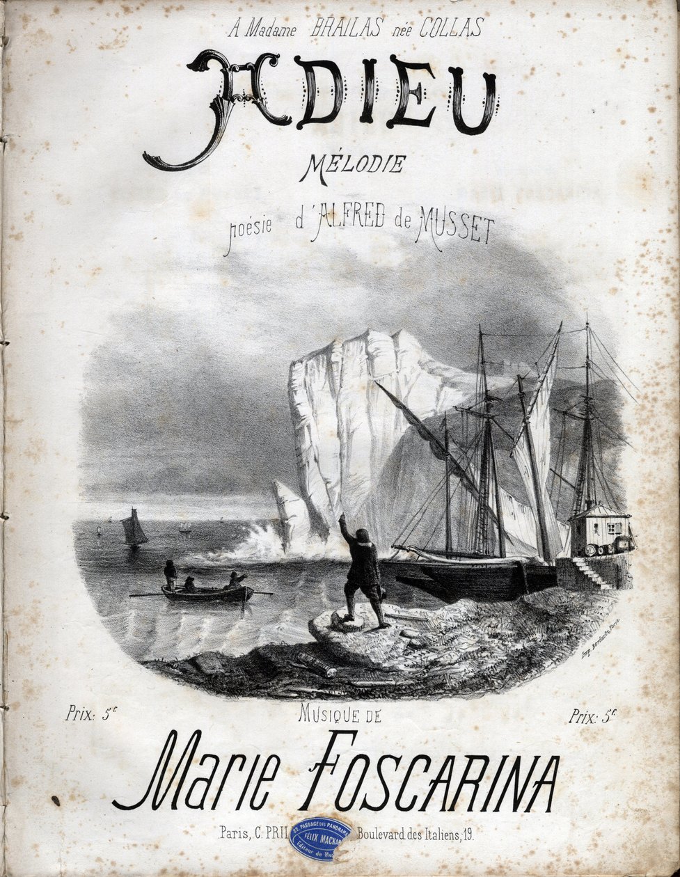 Marie Foscarina „Búcsú” című dallamának kotta Alfred de Musset költészete nyomán.Magángyűjtemény. alkotó: Anonymous Anonymous