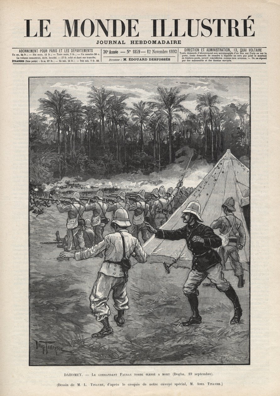 Második dahomeyi háború (1892-1894): Faurax francia parancsnok meghalt a dogbai csata során 1892. szeptember 19-én Dahomeyben (ma Benin). Egy újság. Metszet az 1892-es „Le monde illustree”-ben. Magángyűjtemény. alkotó: Anonymous Anonymous