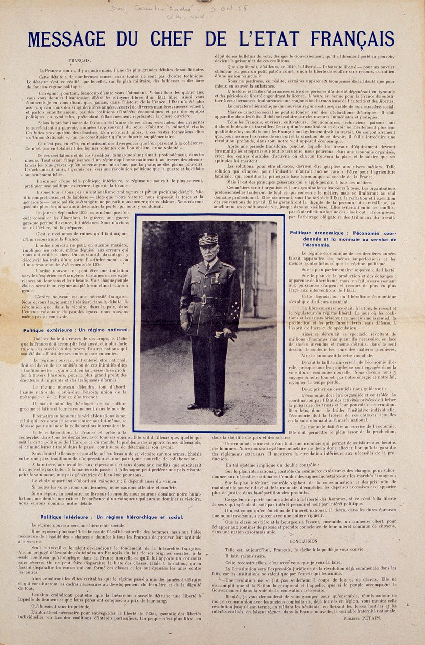 Második világháború és a Vichy-rezsim: Philippe Petain francia államfő üzenete, amelyet a Franciaország által 1940 júniusában aláírt fegyverszünet után tettek közzé, és bemutatja a nemzeti forradalom programját, 1940 őszén. Magángyűjtemény alkotó: Anonymous Anonymous