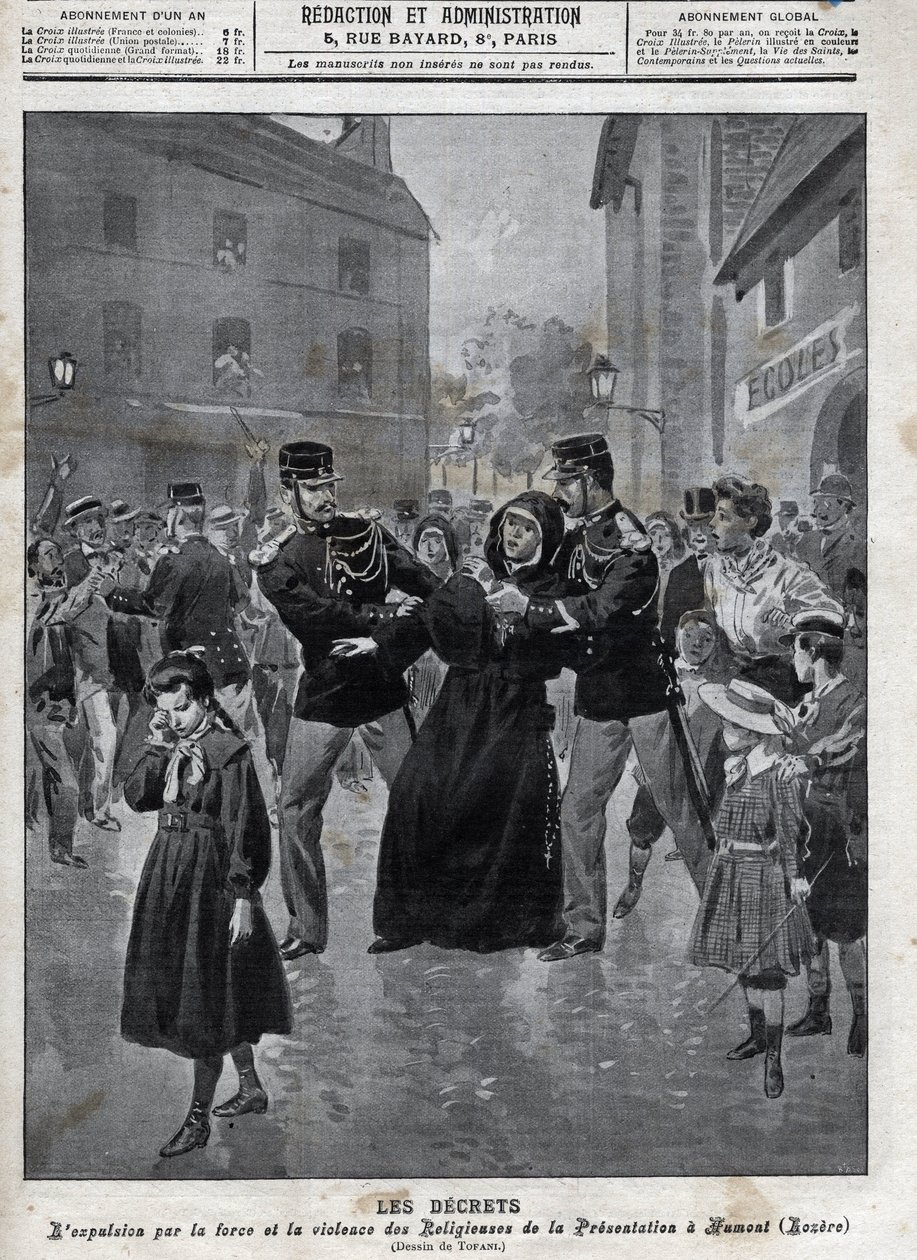 Elválasztás az egyháztól és az államtól – Apácák kiutasítása iskoláikból Humontban (Lozere) – az 1902-es „la-croix illustree” borítója – alkotó: Anonymous Anonymous