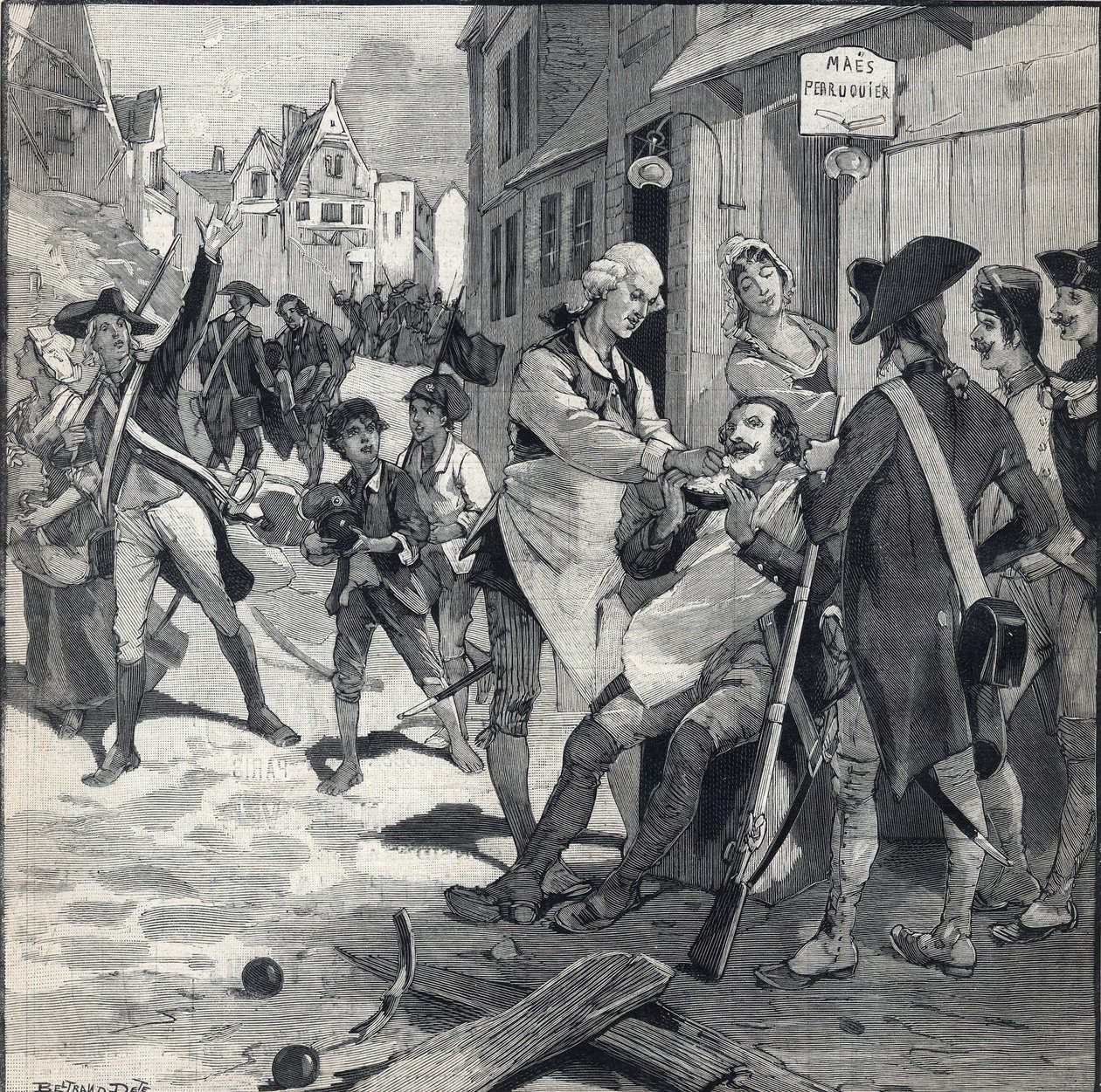 Lille ostroma 1792-ben: Maes parókája egy bombát használ szakálltálként, hogy megborotválja a klienst. Metszet a „” Le petit parisien””-ben 1892.10.16. Magángyűjtemény alkotó: Anonymous Anonymous
