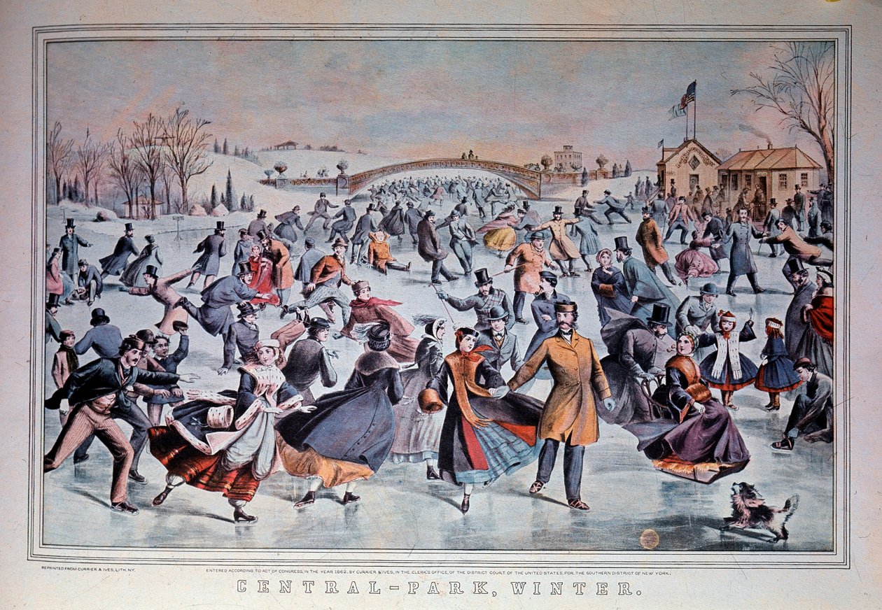 Korcsolyázni a befagyott tavon a Central Parkban, New Yorkban, Amerikai Egyesült Államokban. 19. századi magángyűjtemény alkotó: Anonymous Anonymous