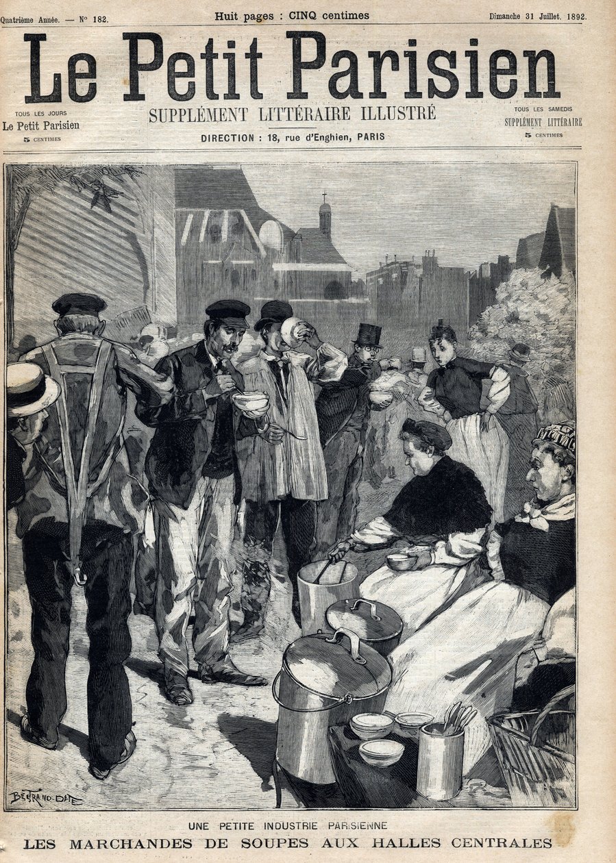 Párizsi kisipar: leveskereskedők a központi piacokon. Metszés. A „Le petit parisien” című újság egyike 1892.07.31. Magángyűjtemény alkotó: Anonymous Anonymous