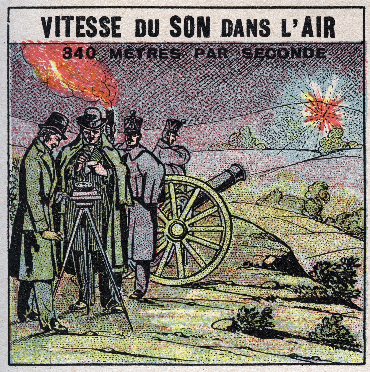 Hangenergia: a hang sebessége a levegőben. Louis-Joseph Gay-Lussac (Louis Joseph Gay Lussac) (1778-1850) és Francois Arago (1786-1853) 1822-es tapasztalata, akik egy sor ágyúlövést adtak le Montlhery és Villejuif között. Névtelen illusztráció 1925-ből alkotó: Anonymous Anonymous