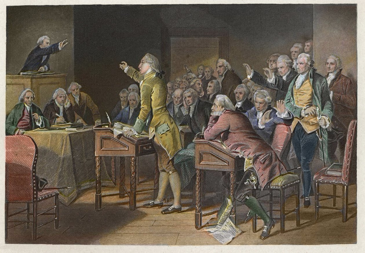 Bélyegtörvény (Duties in American Colonies Act) – Patrick Henry (1736-1799) amerikai forradalmi vezető felszólalt a bélyegtörvény ellen a virginiai Burgesses-házban 1765-ben – Patrick Henry beszéde a bélyegtörvény ellen 1765-ben a House of the House of the alkotó: Anonymous Anonymous