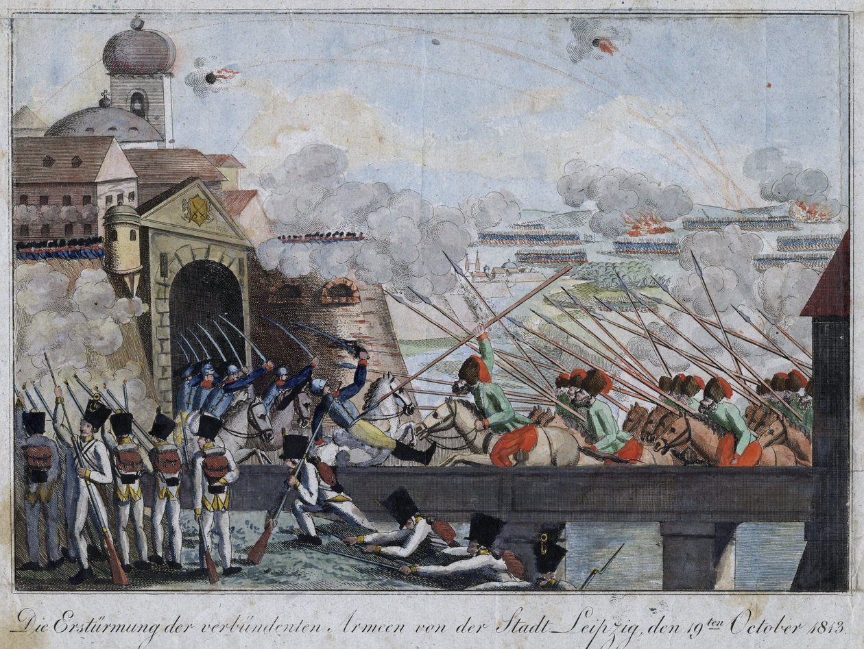 Lipcse város megtámadása a szövetséges csapatok által - bataille de Leipzig ou bataille des nations (1813. október 16-19.) - Anonymous - 1813 - Rézkarc, akvarell - 33,3x27 - Magángyűjtemény alkotó: Anonymous Anonymous