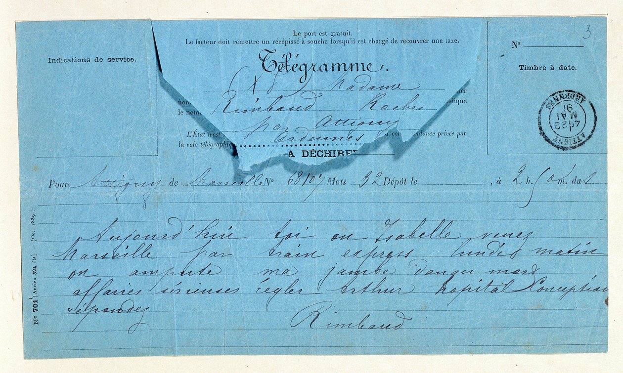 Távirat Rimbaud-tól édesanyjának, Marseille-nek, május 22-én alkotó: Anonymous Anonymous