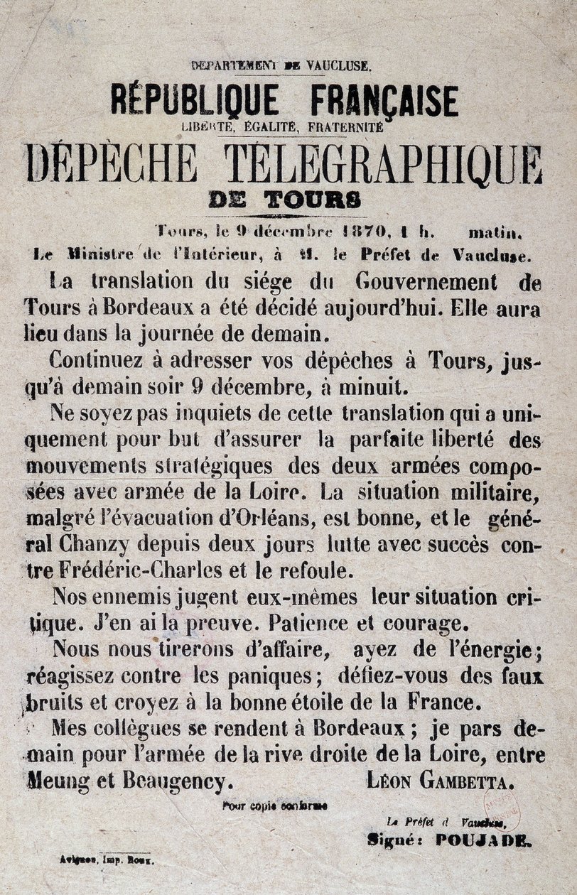Léon Gambetta 1870. szeptember 12-i Tours távirati hírei. alkotó: Anonymous Anonymous