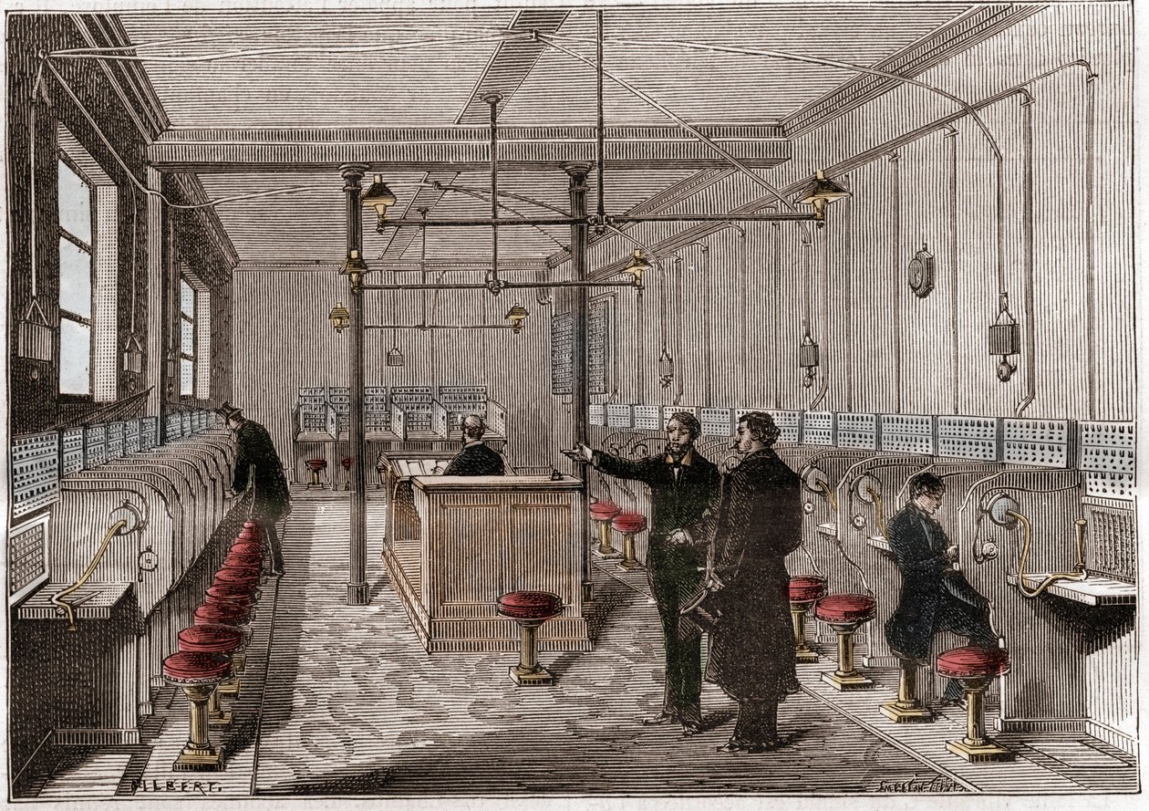 Az Edison Gower-Bell távközlési rendszer szerint épített telefonközpont - az első központi telefon Párizsban 1879-ben - az amerikai Frederick Gower rendszere - "" La nature" metszet, 1880. alkotó: Anonymous Anonymous