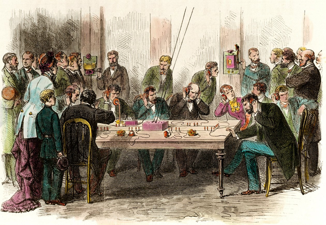 Telefonálási élmény a párizsi Saint Lazare (Saint-Lazare) állomás várótermében 1879.06.09. századi magángyűjtemény metszete alkotó: Anonymous Anonymous