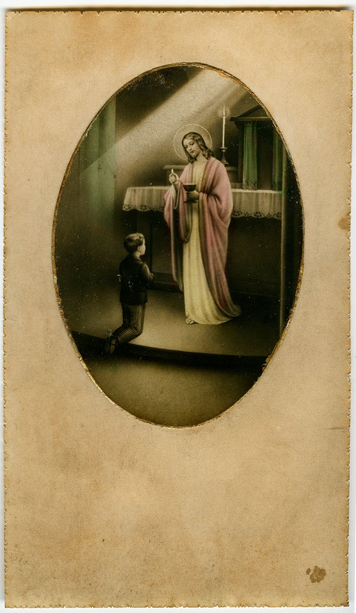 Az Eucharisztia, a szentáldozás, az Oltáriszentség: gyermek Jézus előtt (metszet) alkotó: Anonymous Anonymous