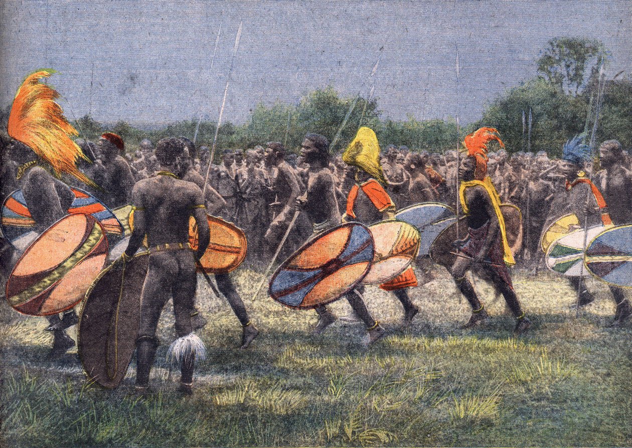 Theodore Roosevelt volt amerikai elnök (1858-1919) expedíciója Afrikába: Harcos tánc Ugandában. Metszés. A „Le petit parisien” című újság egyike 1910.04.24-én. Magángyűjtemény. alkotó: Anonymous Anonymous
