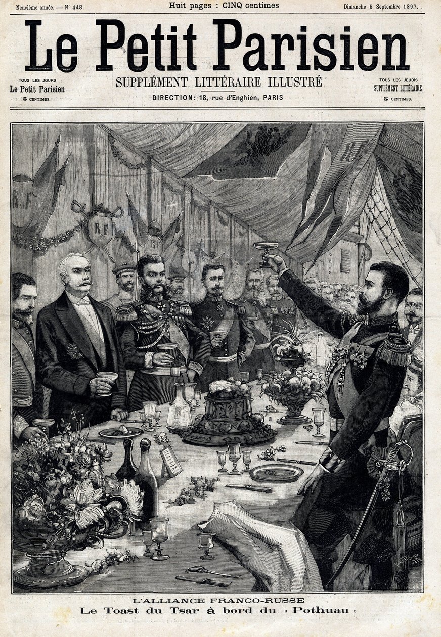 A francia-orosz szövetség: II. Miklós cár (1868-1918) pohárköszöntője Felix Faure (1841-1899) francia elnök tiszteletére a Pothau fedélzetén. A „Le Petit Parisien” című kötetben 1897.09.05. Magángyűjtemény alkotó: Anonymous Anonymous