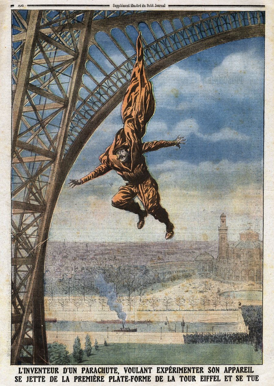 Az osztrák származású francia szabó, Franz (vagy Francois) Reichelt (1879-1912) az ejtőernyő feltalálója, aki kísérletezni akar repülőgépével, ledobja magát az Eiffel-torony első platformjáról és megöli magát. Metszet a „” Le Petité Journal”-ban”, on alkotó: Anonymous Anonymous