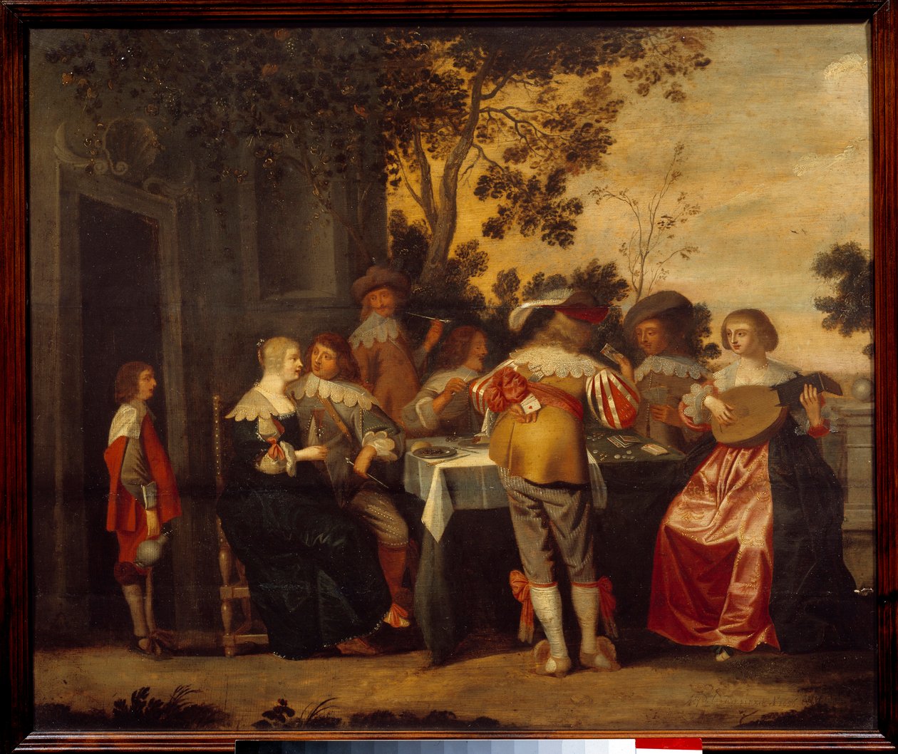 A Gallant Scene kártyajáték néhány játékossal és zenészekkel. Névtelen festmény. 17. századi Lille, Musee des Beaux Arts alkotó: Anonymous Anonymous