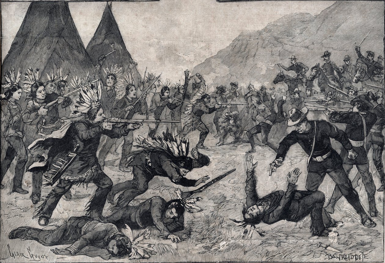 Az indiánok lázadása az Egyesült Államokban: harc a sziú indiánok és az amerikai csapatok között. Metszet „” Le petit Parisien”” 1891-ből. Magángyűjtemény. alkotó: Anonymous Anonymous