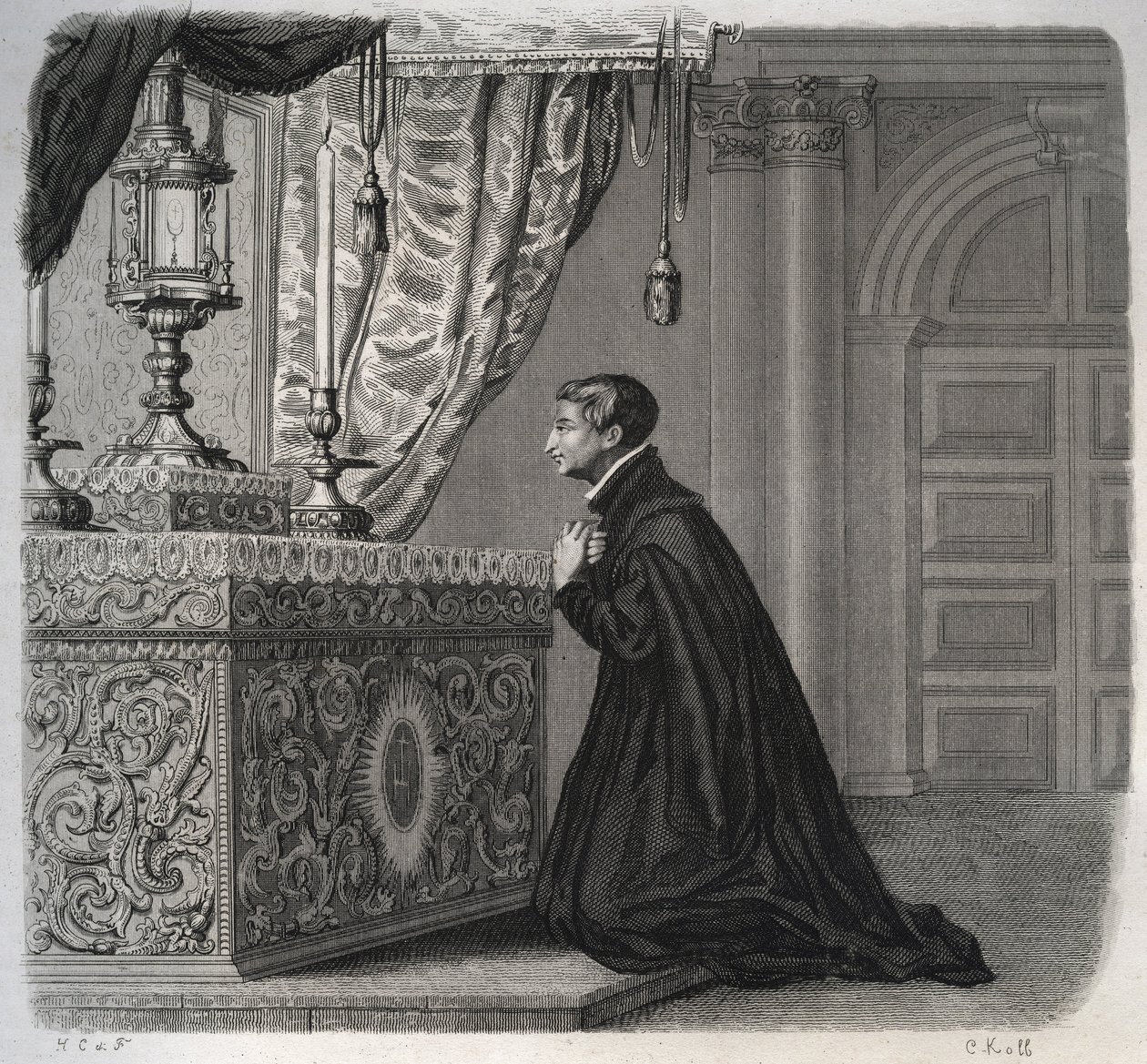 Louis de Gonzague (San Luigi Gonzaga) olasz jezsuita (1568-1591) imában. Metszet 1846-ból a „Szentek élete” c. Magángyűjtemény. alkotó: Anonymous Anonymous