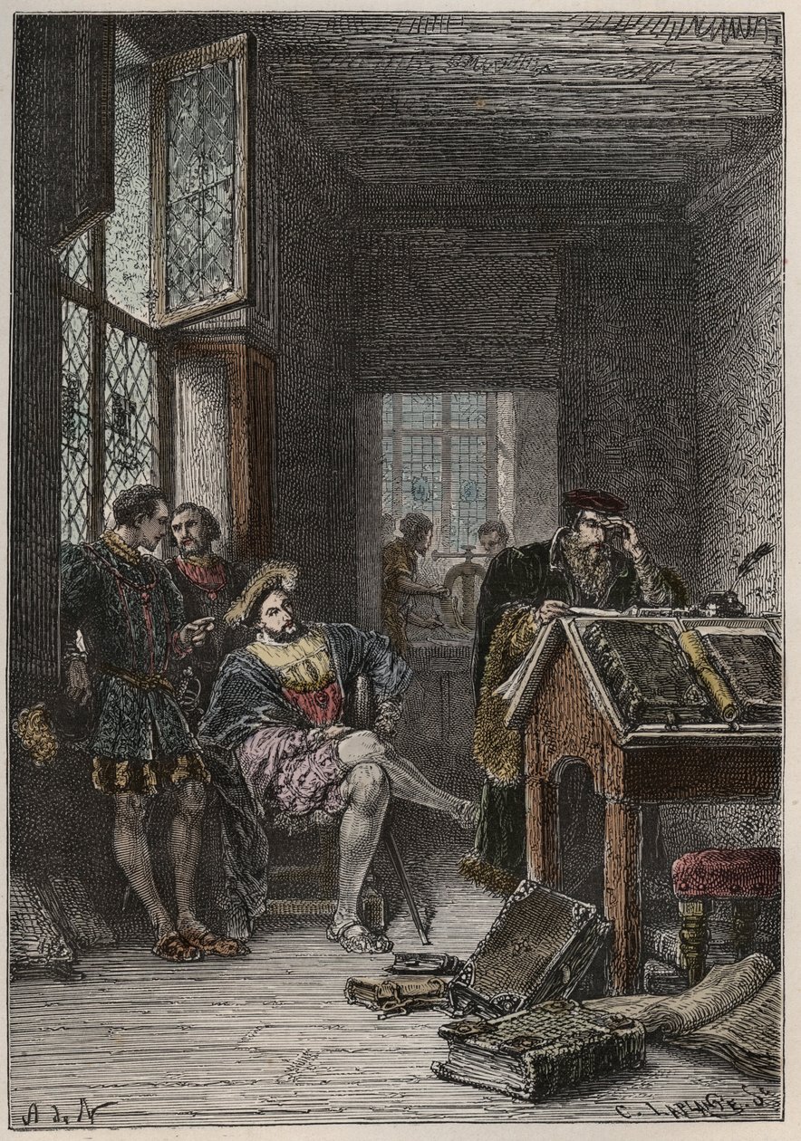 I. Francois francia király (1494-1547), művészet- és levélvédő, Estienne (Robert Estienne) nyomdász műhelyeinek látogatása, 1540 körül (I. Ferenc francia király Estienne királyi tipográfusok műhelyeinek látogatása alkotó: Anonymous Anonymous