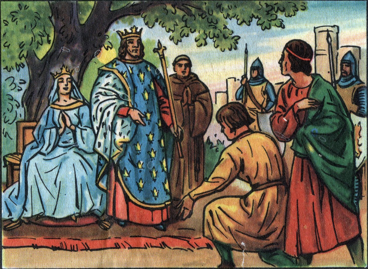 Szent Lajos francia király (IX. Lajos 1214-1270) igazságot tesz a Bois de Vincennes tölgye alatt. Névtelen illusztráció a „Franciaország uralkodóinak és államfőinek gyűjteményében”. 20. század. Magángyűjtemény. alkotó: Anonymous Anonymous