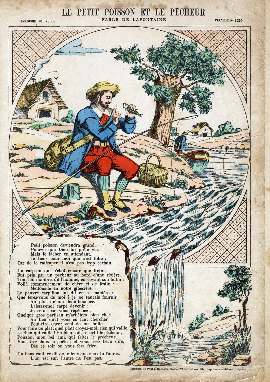 A kis hal és a halász. Jean de LA FONTAINE (Lafontaine) (1621-1695) névtelen illusztrációja a Les Fables-hez. Pont-a-Mousson képmása, 1880 körül. Magángyűjtemény. alkotó: Anonymous Anonymous