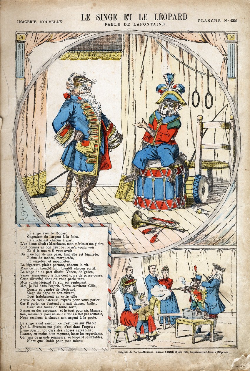 A majom és a leopárd. Jean de LA FONTAINE (Lafontaine) (1621-1695) névtelen illusztrációja a Les Fables-hez. Pont-a-Mousson képmása, 1880 körül. Magángyűjtemény. alkotó: Anonymous Anonymous