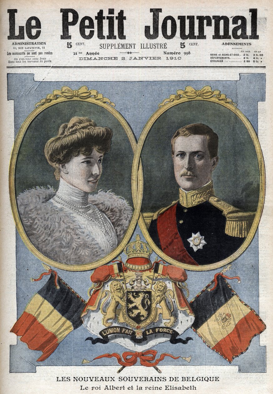 Belgium új uralkodója – I. Albert király és Bavierei Erzsébet királyné – Az 1910. januári „” The Petity Journal” című kiadványban – I. Albert belga király (1875-1934) feleségével, bajor Erzsébettel (1876-1965) alkotó: Anonymous Anonymous