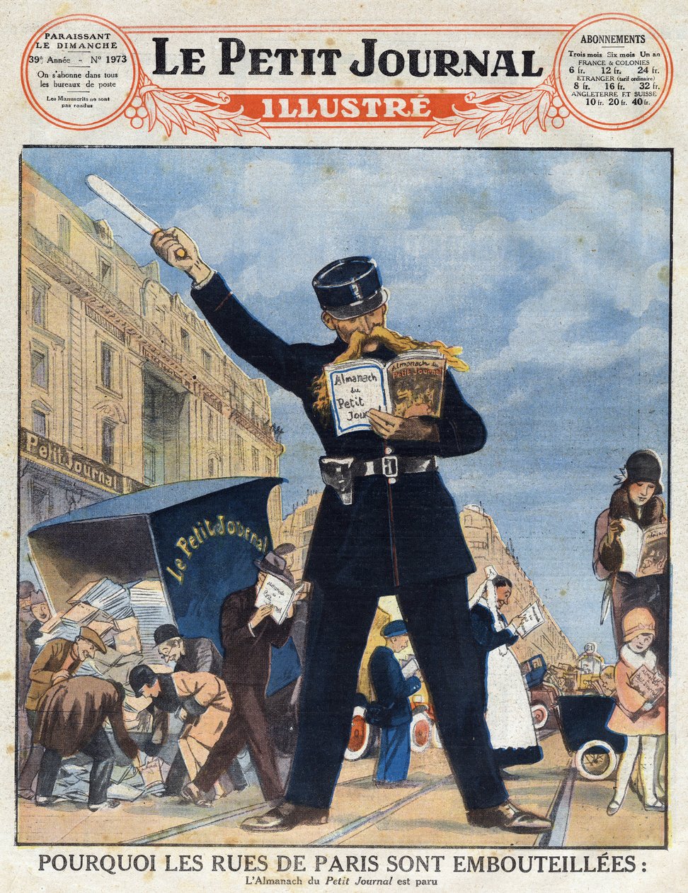 A párizsi lakosság kihasználta a szállító teherautót, és egy rendőr elfoglalta az Almanachot, ahelyett, hogy a „Le petit Journal illustré”-ból keringett volna. alkotó: Anonymous Anonymous