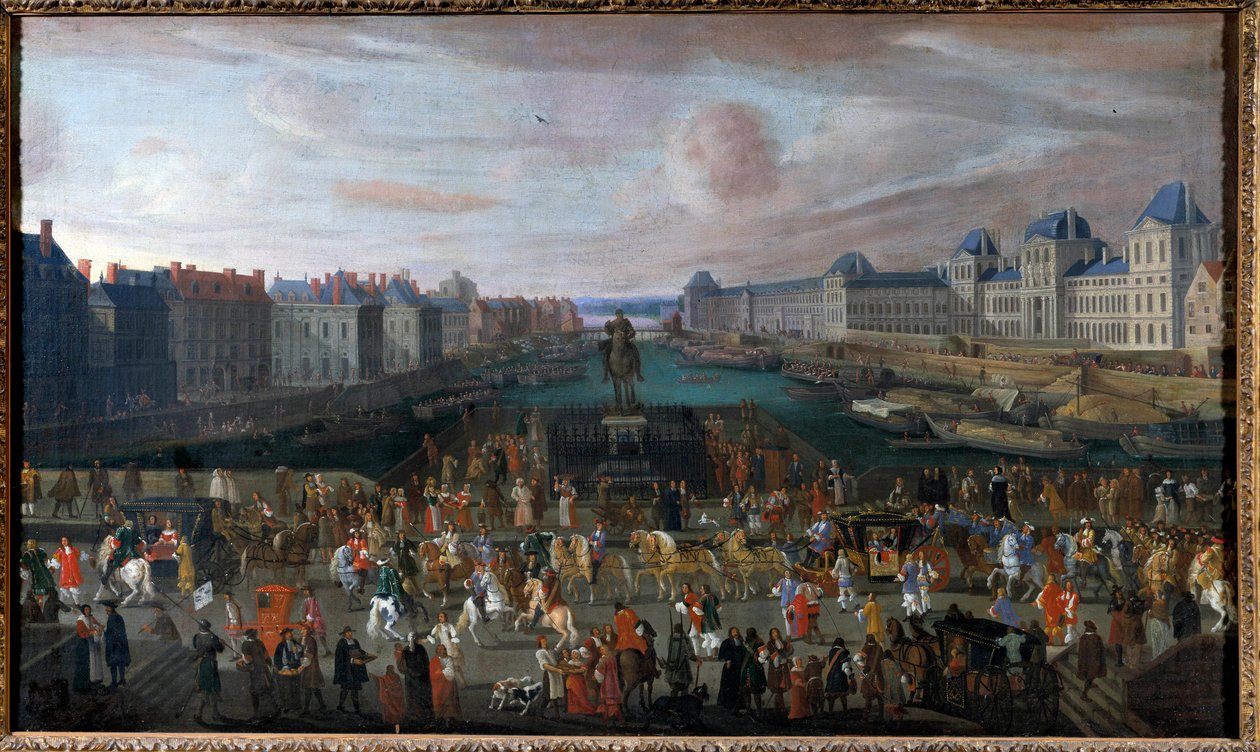 A Pont Neuf a Place Dauphine bejáratától nézve, a Quai Malaquais a Négy Nemzet Kollégiumával (Institut de France) az épülő Grande Galerie-vel és a Louvre egy névtelen festmény folyosójában. 1665. Dim. 0,74 x 1,25 m. alkotó: Anonymous Anonymous
