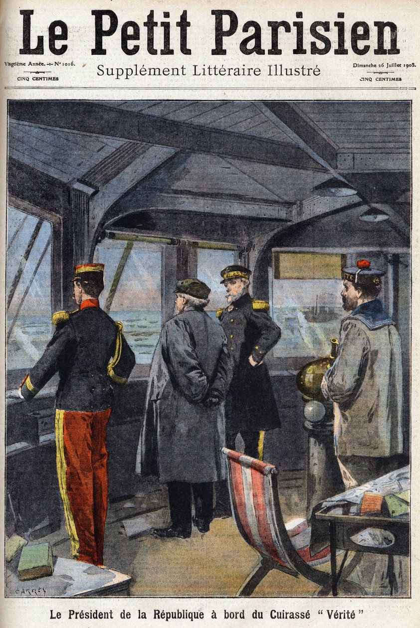 Armand Fallieres köztársasági elnök (1841-1931) a Cuirasse „Verite” fedélzetén”. Az egyik „” Le petit parisien” című újság 1908.07.26-án. Magángyűjtemény. alkotó: Anonymous Anonymous