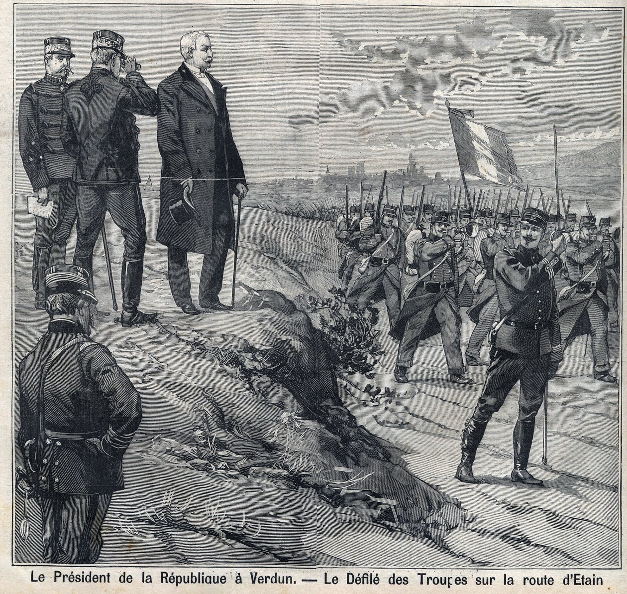 Felix Faure köztársasági elnök (1841-1899) meglátogatja Verdunt (Meuse), az Etin úti katonai iskola szennyeződését. Metszet a "" Le Petro Parisien" -ben alkotó: Anonymous Anonymous