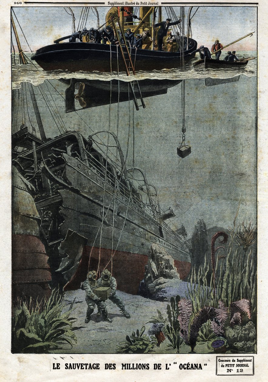The Rescue of the Millions of the Oceana: Scaphandlers elmerül Eastbourne-ben, hogy felvegye azt a 18 millió fémet, amelyet a brit vonalhajónak Indiába kellett volna szállítania. Metszet a „Le Petite Journal”-ban, 1912.05.19. Magángyűjtemény. alkotó: Anonymous Anonymous