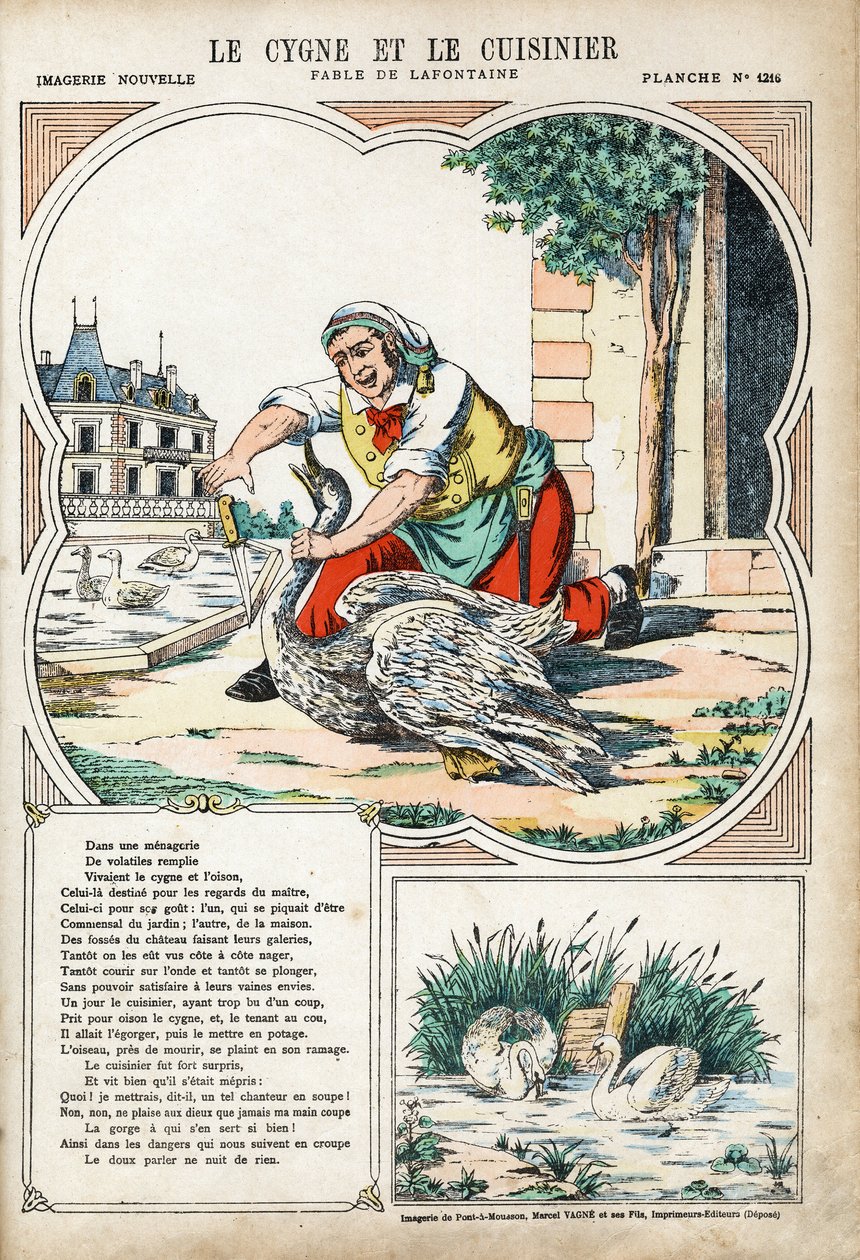 A hattyú és a szakács. Jean de LA FONTAINE (Lafontaine) (1621-1695) névtelen illusztrációja a Les Fables-hez. Pont-a-Mousson képmása, 1880 körül. Magángyűjtemény. alkotó: Anonymous Anonymous
