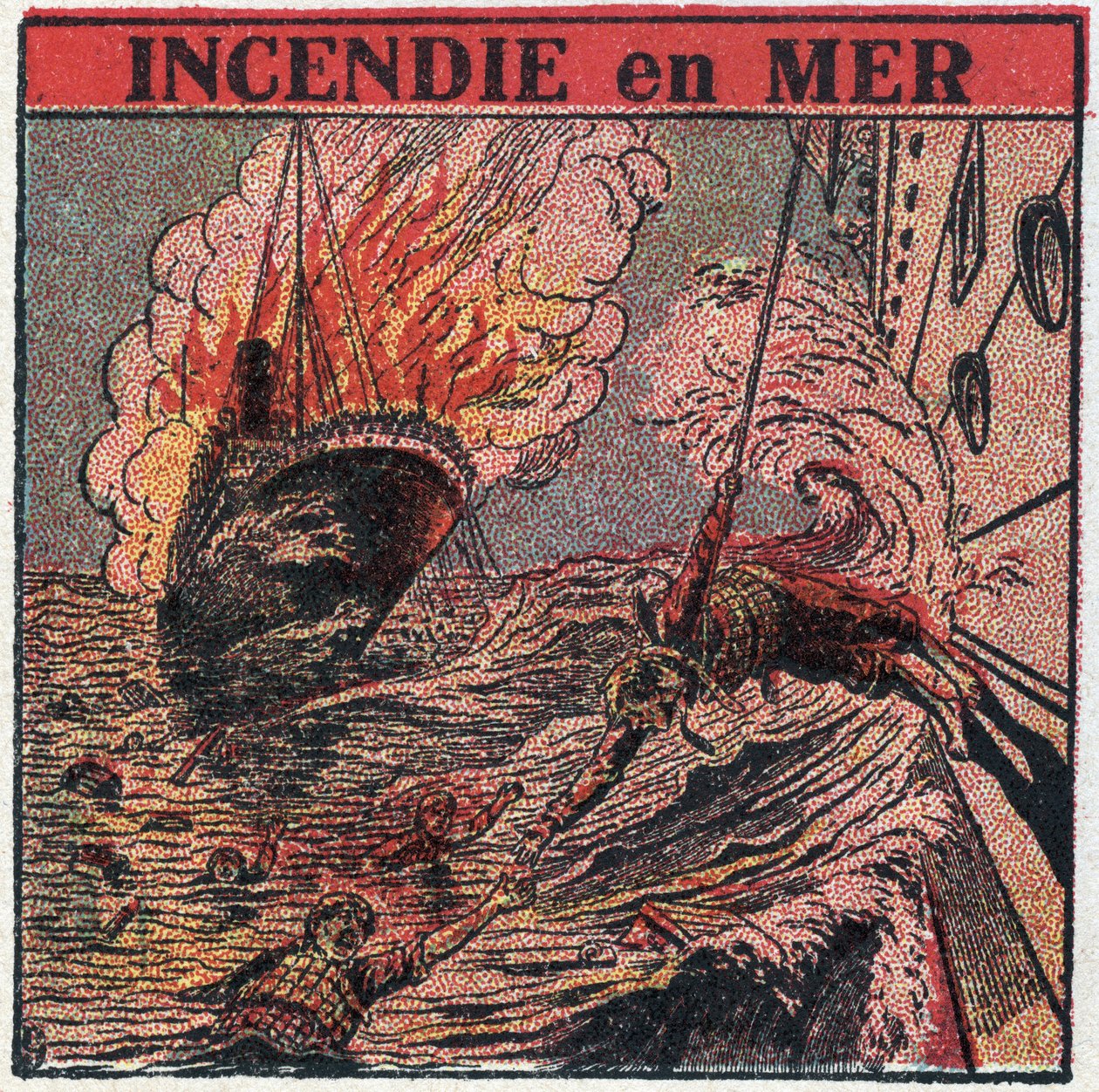 A T.S.F.: tűz a tengeren. A T.S.F. csónakok segélyhívásra használják hajótörés során. Névtelen illusztráció 1925-ből. Magángyűjtemény. alkotó: Anonymous Anonymous