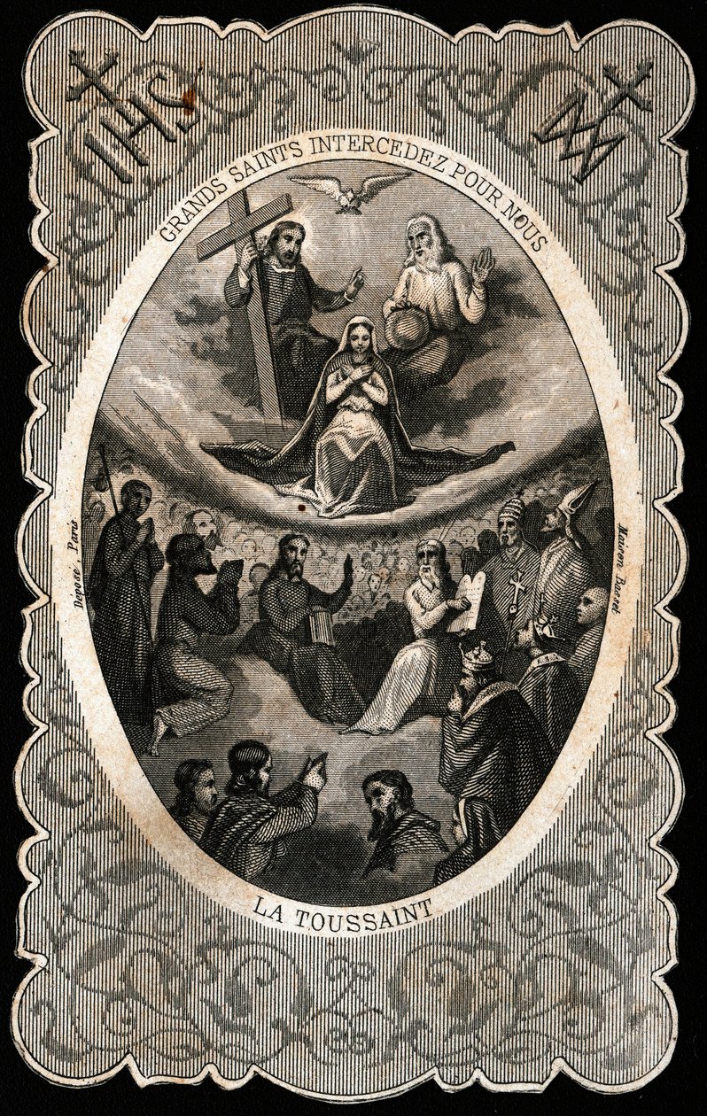 Szűz Mária a Szentháromsággal (Isten, Jézus Krisztus és a Szentlélek galambja). Dentelee kártya. 19. század. Magángyűjtemény alkotó: Anonymous Anonymous