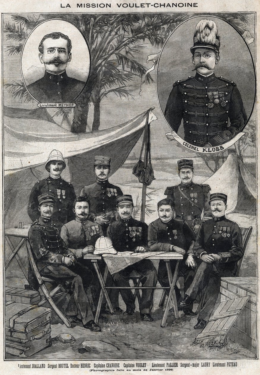 A Voulet Chanoine küldetés (Voulet-Chanoine) Francia expedíció Csád gyarmati meghódítására: Octave Meynier hadnagy (1874-1961) és Arsene Klobb ezredes (1857-1899) portréja balról jobbra lent: Boutalland hadnagy, őrmester. alkotó: Anonymous Anonymous