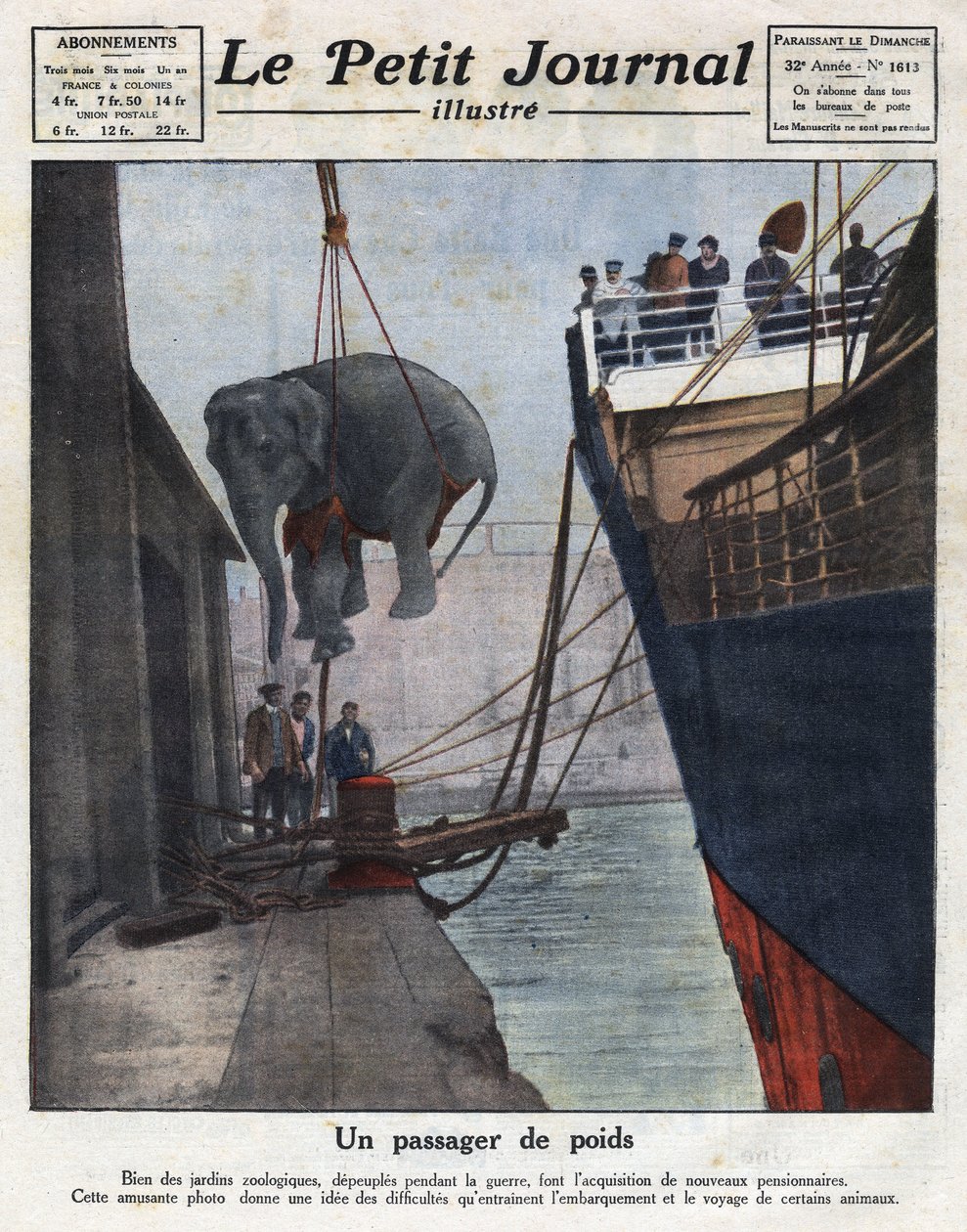 Egy elefánt hajóval érkezése, amelyet a háború után egy állatkert szerzett. Az 1921.11.20-i „” Le petit Journal illustrious”” illusztrációja. Magángyűjtemény alkotó: Anonymous Anonymous