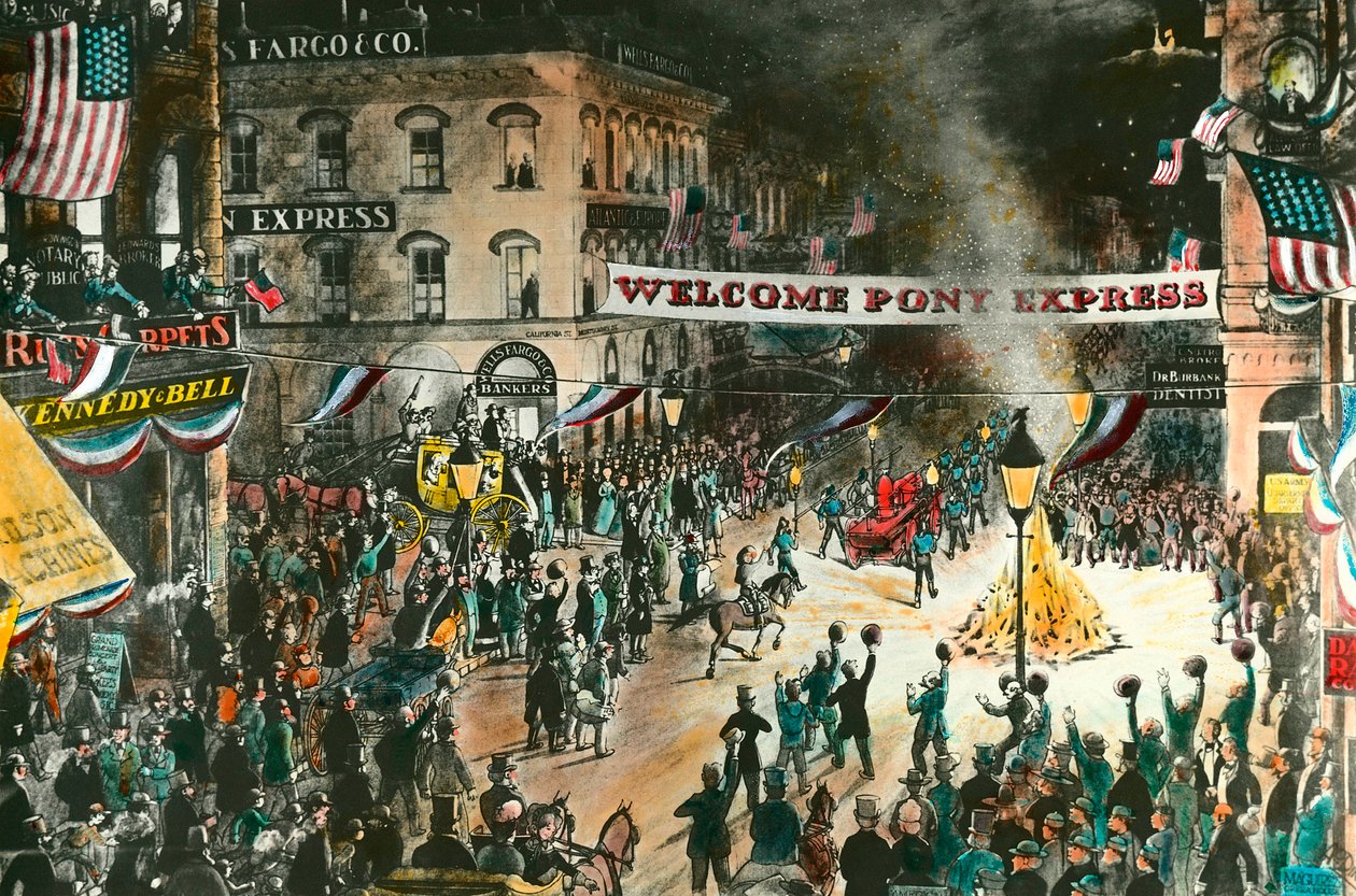 A póni expressz érkezése A Pony Express egy közvetítés volt, amelynek célja a Missouri és Kalifornia közötti összeköttetés volt postai küldemény útján. századi metszet. Magángyűjtemény alkotó: Anonymous Anonymous