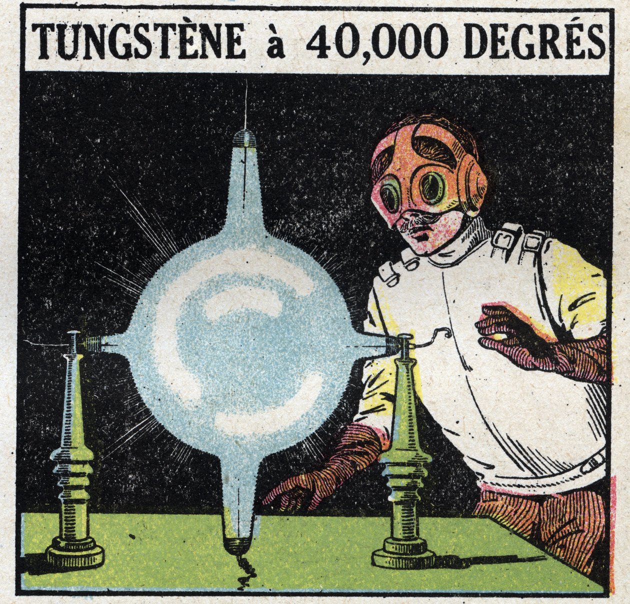 Az atom és a tudomány: próbálja meg feloldani a wolframot úgy, hogy ennek a fémnek a finom drótját 40 000 fokra elpárologtatja. Névtelen illusztráció 1925-ből. Magángyűjtemény. alkotó: Anonymous Anonymous