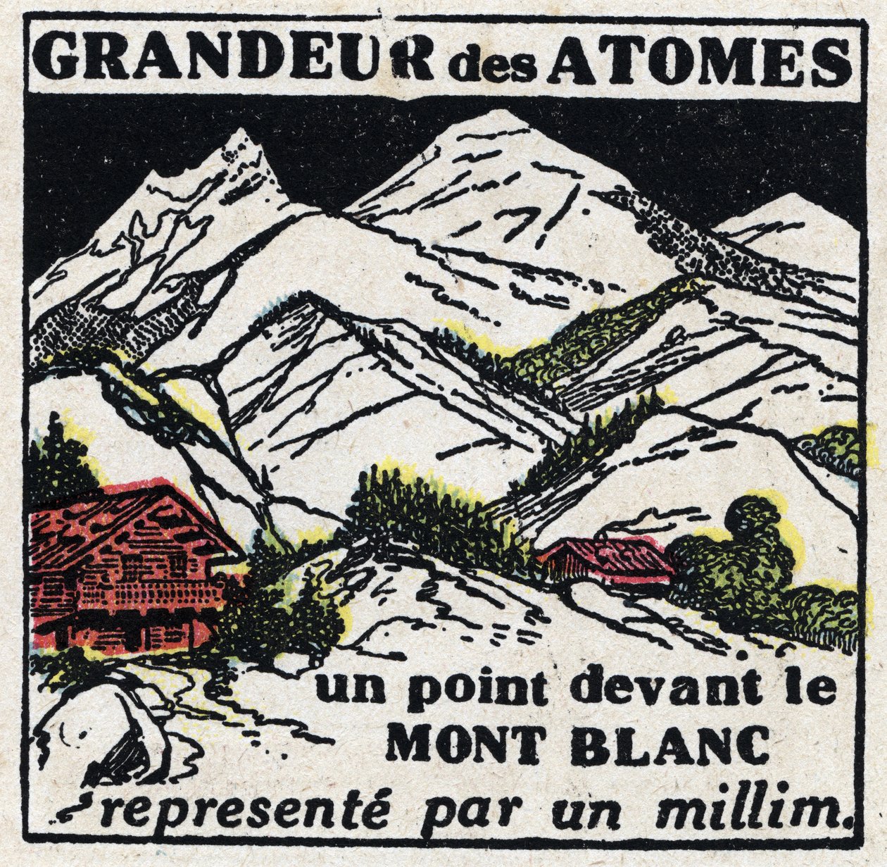 Az atom és a tudomány: az atomok mérete. A Mont Blanc előtti pont egy milliméterrel ábrázolva. Névtelen illusztráció 1925-ből. Magángyűjtemény. alkotó: Anonymous Anonymous