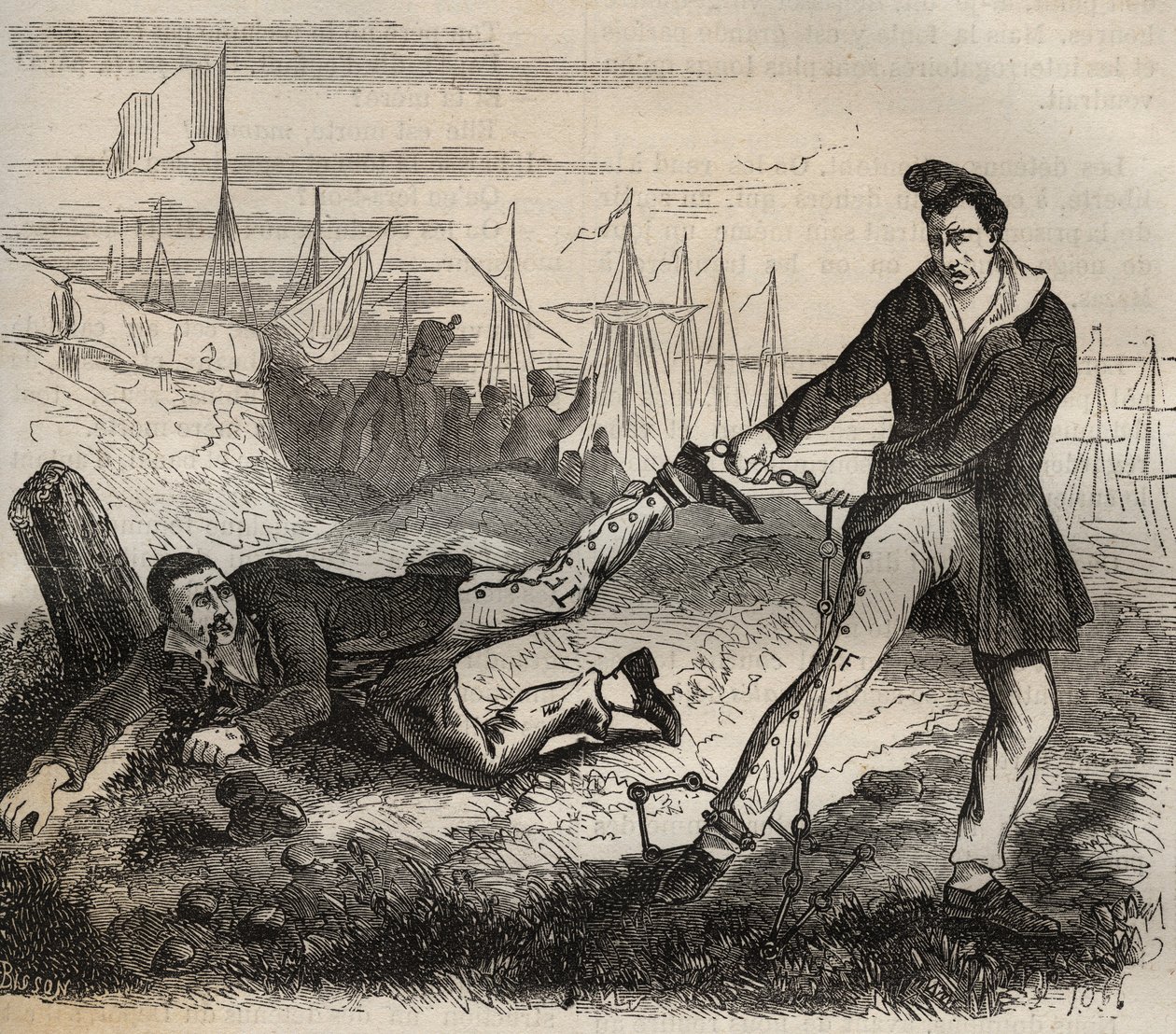 Az erő legnagyobb gyötrelme az, hogy rossz társnak lenni. Harc két fogoly között, amelyeket ugyanaz a lánc köt össze. Bagne de Rochefort a XIX. Pierre Zaccone (1817-1895) metszet a „Börtönök története létrehozásuktól napjainkig” című könyvébe (1877) alkotó: Anonymous Anonymous