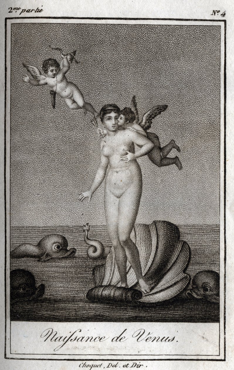 Vénusz születése (Vénusz születése). Metszet 1819-ből Charles Albert Demoustier (1760-1801) „Lettres a Emilie sur la mythologie” című művében. Magángyűjtemény. alkotó: Anonymous Anonymous