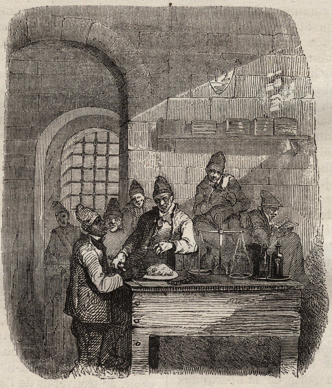 A bresti börtön kantinja a XIX. Pierre Zaccone (1817-1895) (Colonia Penale - Büntetőtelep) metszet az „Elítéltek története a megalkotásuktól napjainkig” című könyvébe (1877). Magángyűjtemény. alkotó: Anonymous Anonymous