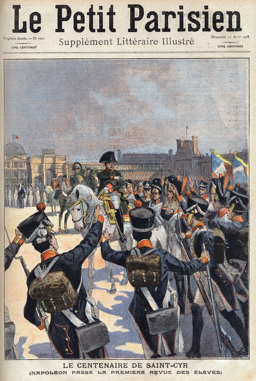 Saint Cyr (Saint-Cyr) századik évfordulója: I. Bonaparte Napóleon (1769-1821) átmegy a katonai iskola diákjainak első áttekintésén. A „Le petit parisien” című újság egyike 1908.12.04. Magángyűjtemény. alkotó: Anonymous Anonymous