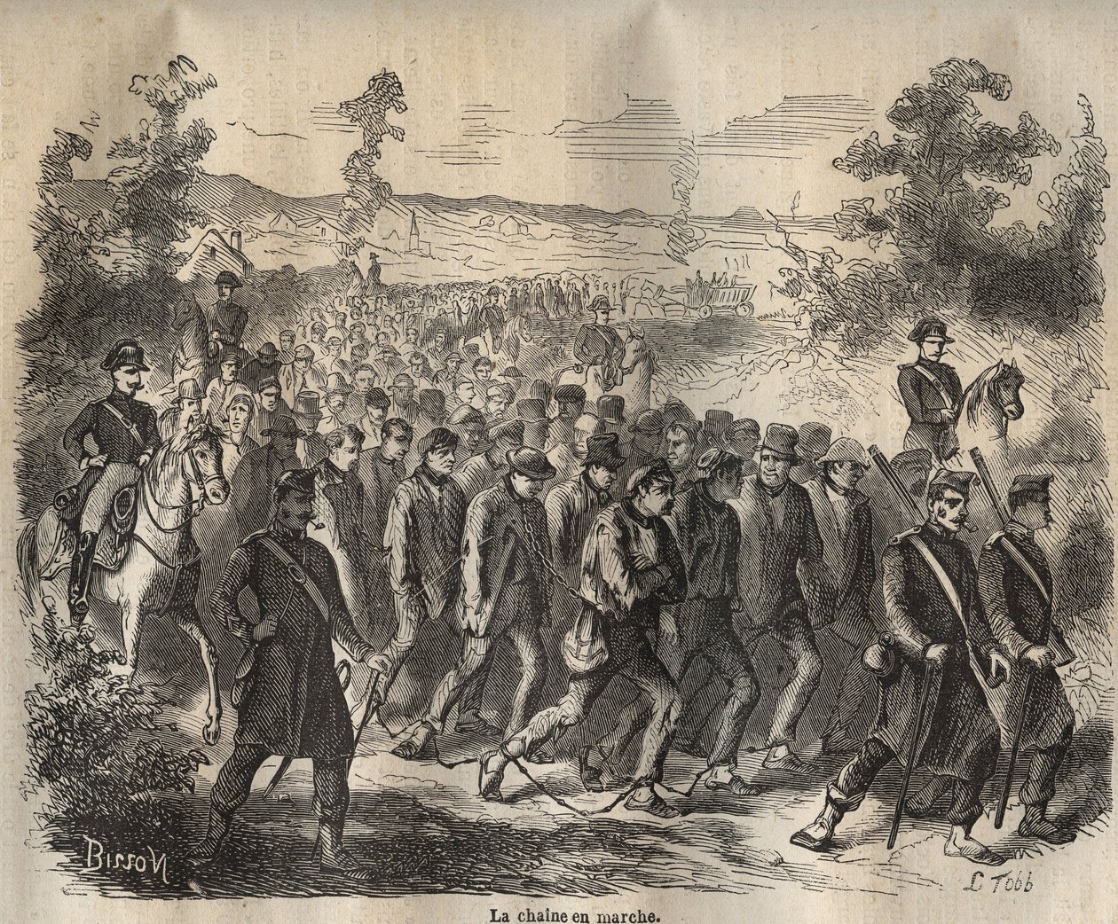 A lánc a 19. században a Toulon Bagne-nál indult. Pierre Zaccone (1817-1895) (Colonia Penale - Büntetőtelep) metszet az „Elítéltek története a megalkotásuktól napjainkig” című könyvébe (1877). Magángyűjtemény. alkotó: Anonymous Anonymous