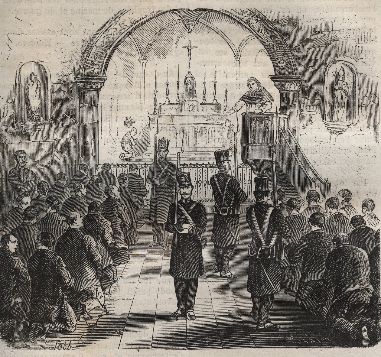 A touloni börtön kápolnája a XIX. Pierre Zaccone (1817-1895) (Colonia Penale - Büntetőtelep) metszet az „Elítéltek története a megalkotásuktól napjainkig” című könyvébe (1877). Magángyűjtemény. alkotó: Anonymous Anonymous