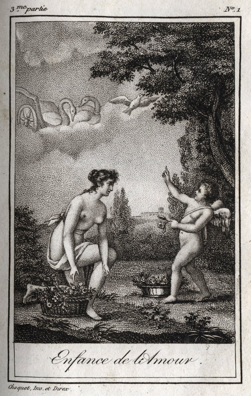 A szerelem gyermekkora. Metszet 1819-ből Charles Albert Demoustier (1760-1801) „Lettres a Emilie sur la mythologie” című művében. Magángyűjtemény. alkotó: Anonymous Anonymous