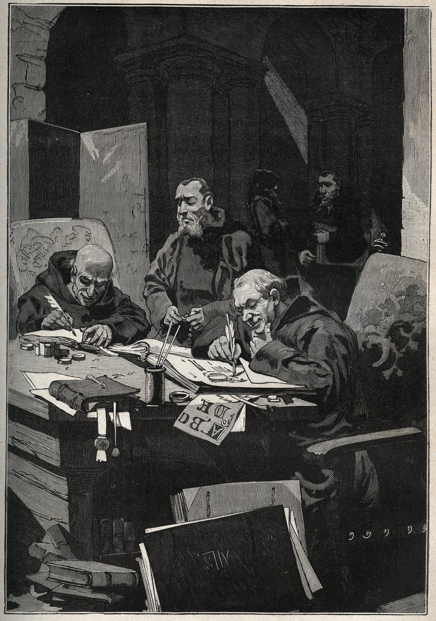 A krizográf: aranybetűs világítást végző szerzetesek a középkorban. Metszet 1885-ből Adolphe BITARD „Les arts et metiers illustres” című könyvében. alkotó: Anonymous Anonymous