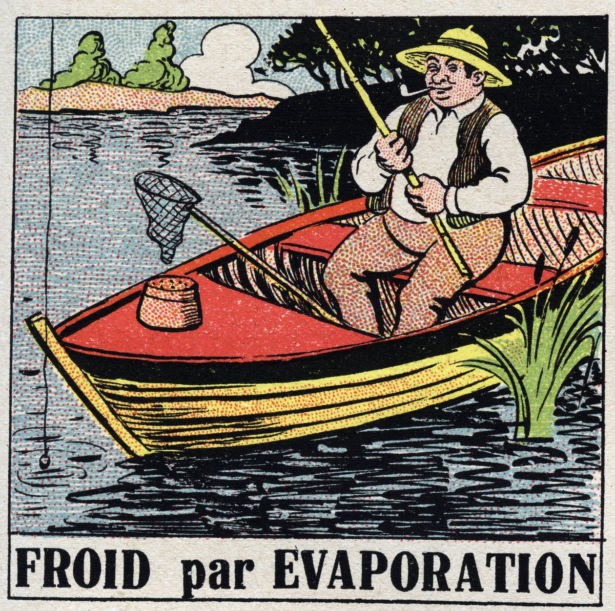 A hidegipar: párolgás útján hideg. Egy halász a csónakjában hűvös marad a folyóvíz elpárolgása miatt. Névtelen illusztráció 1925-ből. Magángyűjtemény. alkotó: Anonymous Anonymous