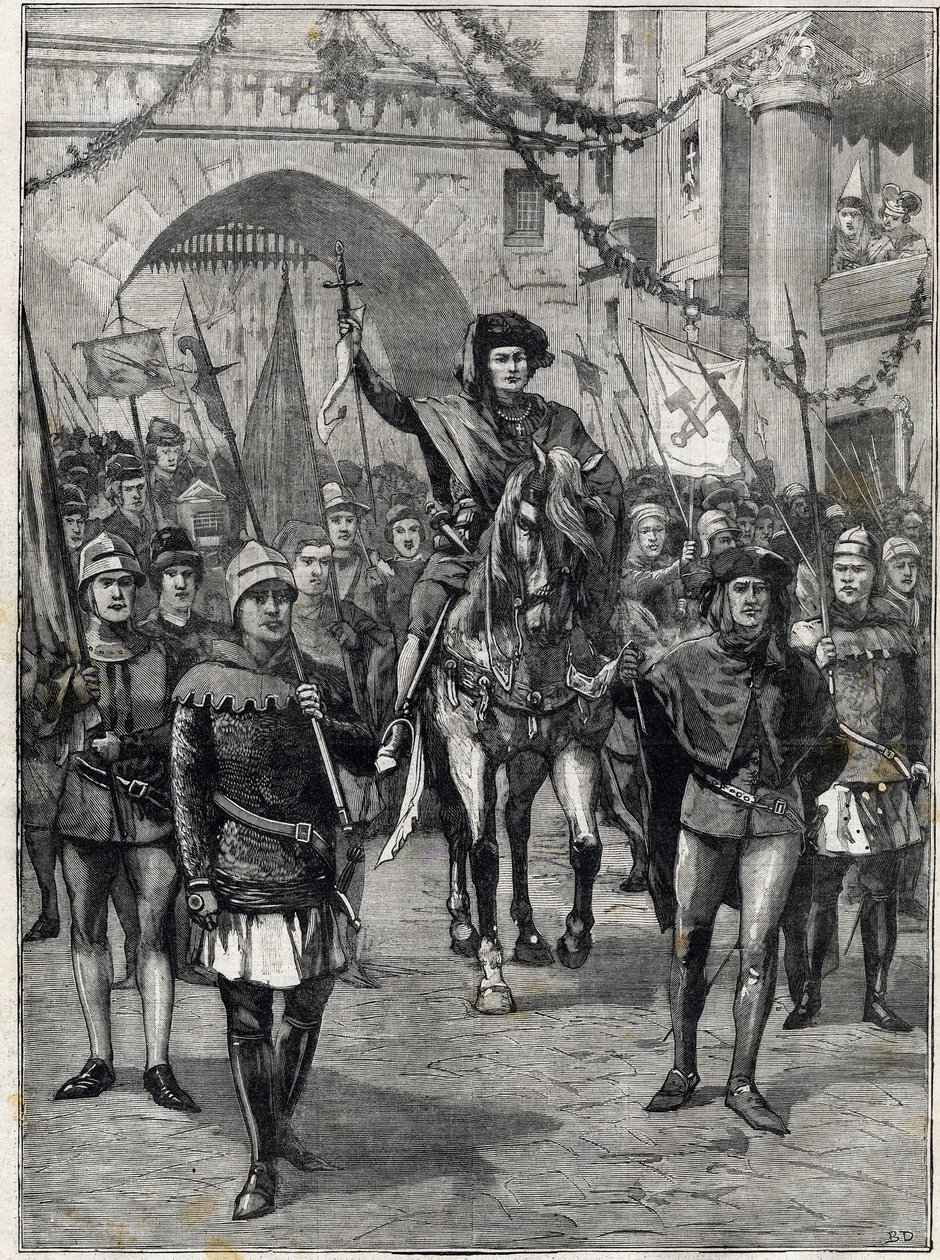 A vállalatok kortege a 14. században: A párizsi kereskedők prevotja. Metszés. „A kis Párizsban”, 1899.06.18. Magángyűjtemény. alkotó: Anonymous Anonymous